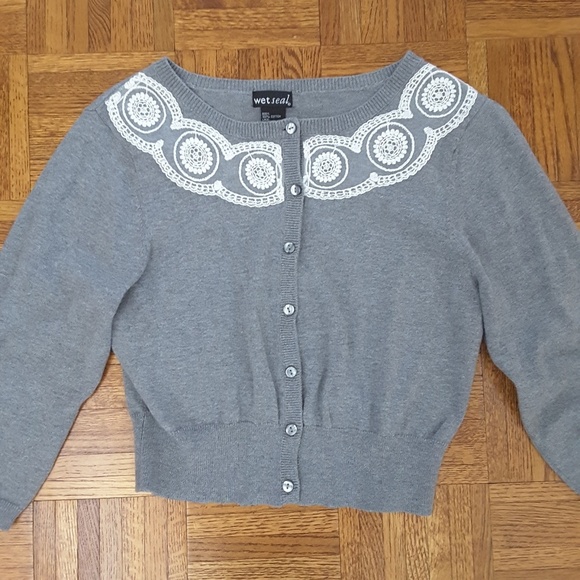 TOP Wet Seal Sweater Cropped Grey VTG Retro LG - Picture 4 of 5